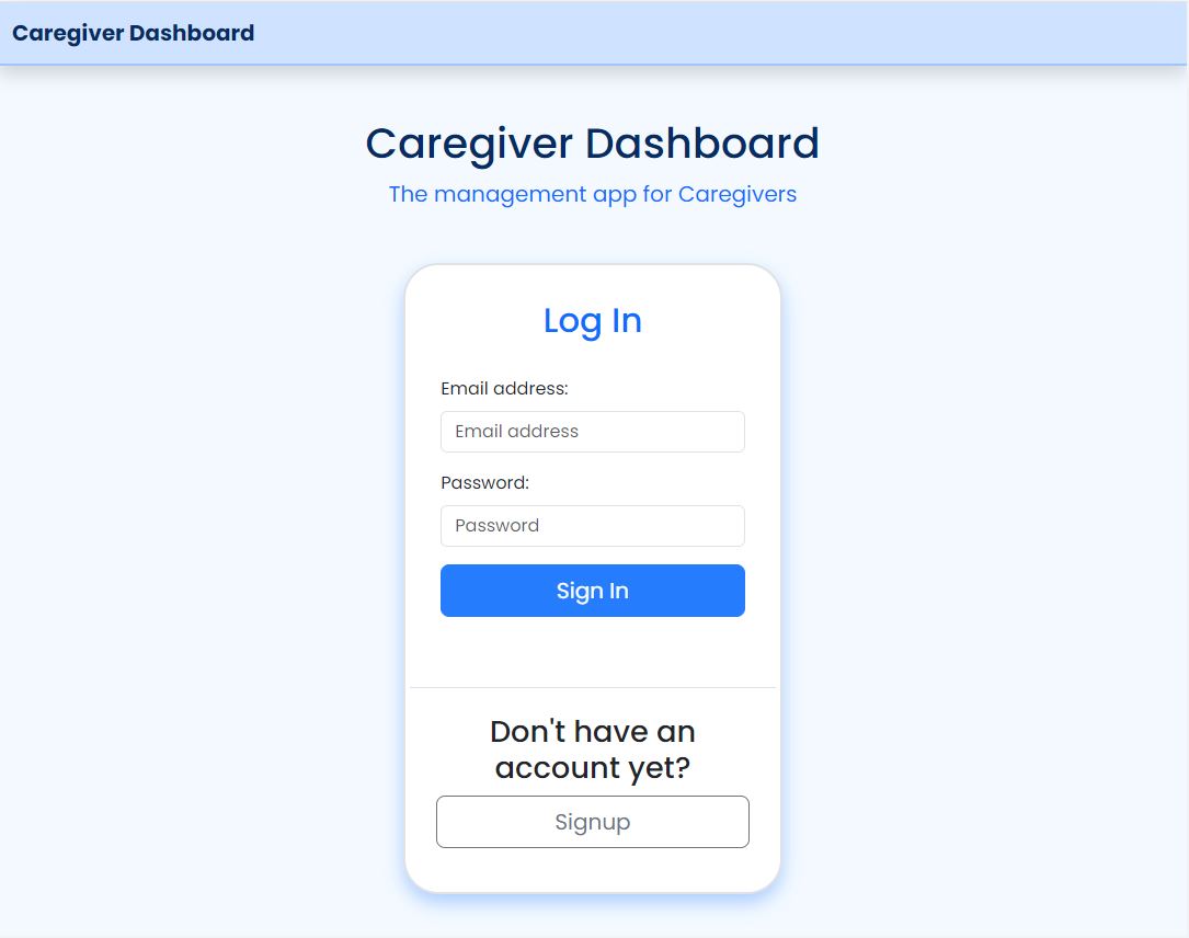 a screenshot of the caregiver dashboard webpage